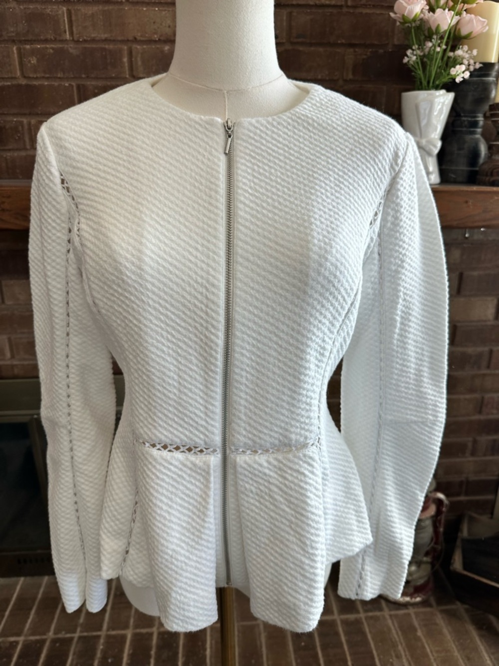Rebecca Taylor White Textured Zip-Front Peplum Blazer